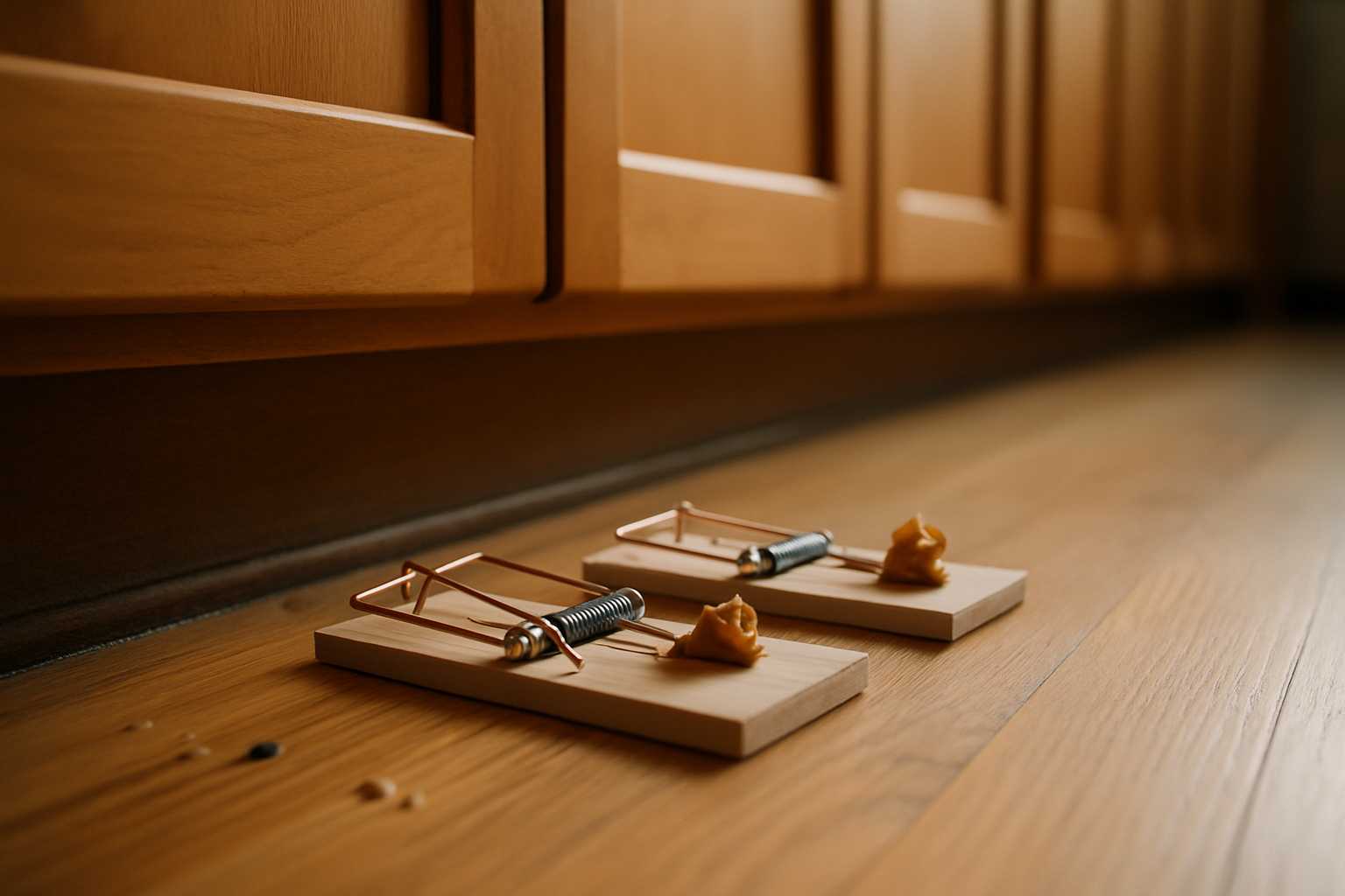 Two untouched snap traps set against a kitchen baseboard, showing mouse traps not catching mice