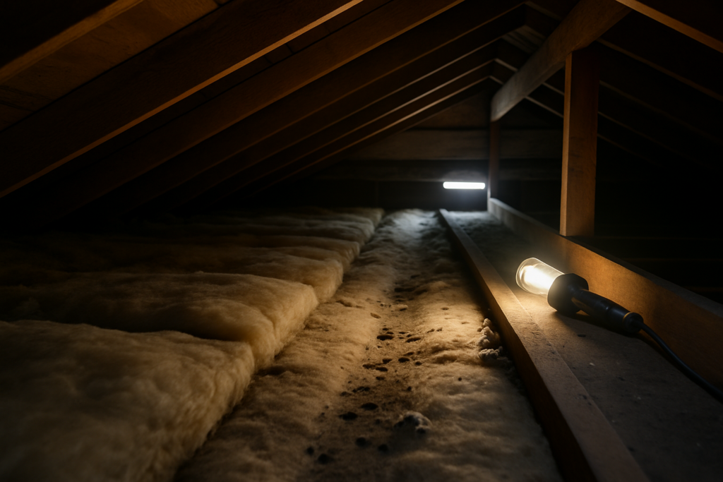 Trail pressed through attic insulation leading to a gap of daylight at the roofline, a common rat entry point