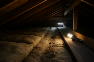 Trail pressed through attic insulation leading to a gap of daylight at the roofline, a common rat entry point