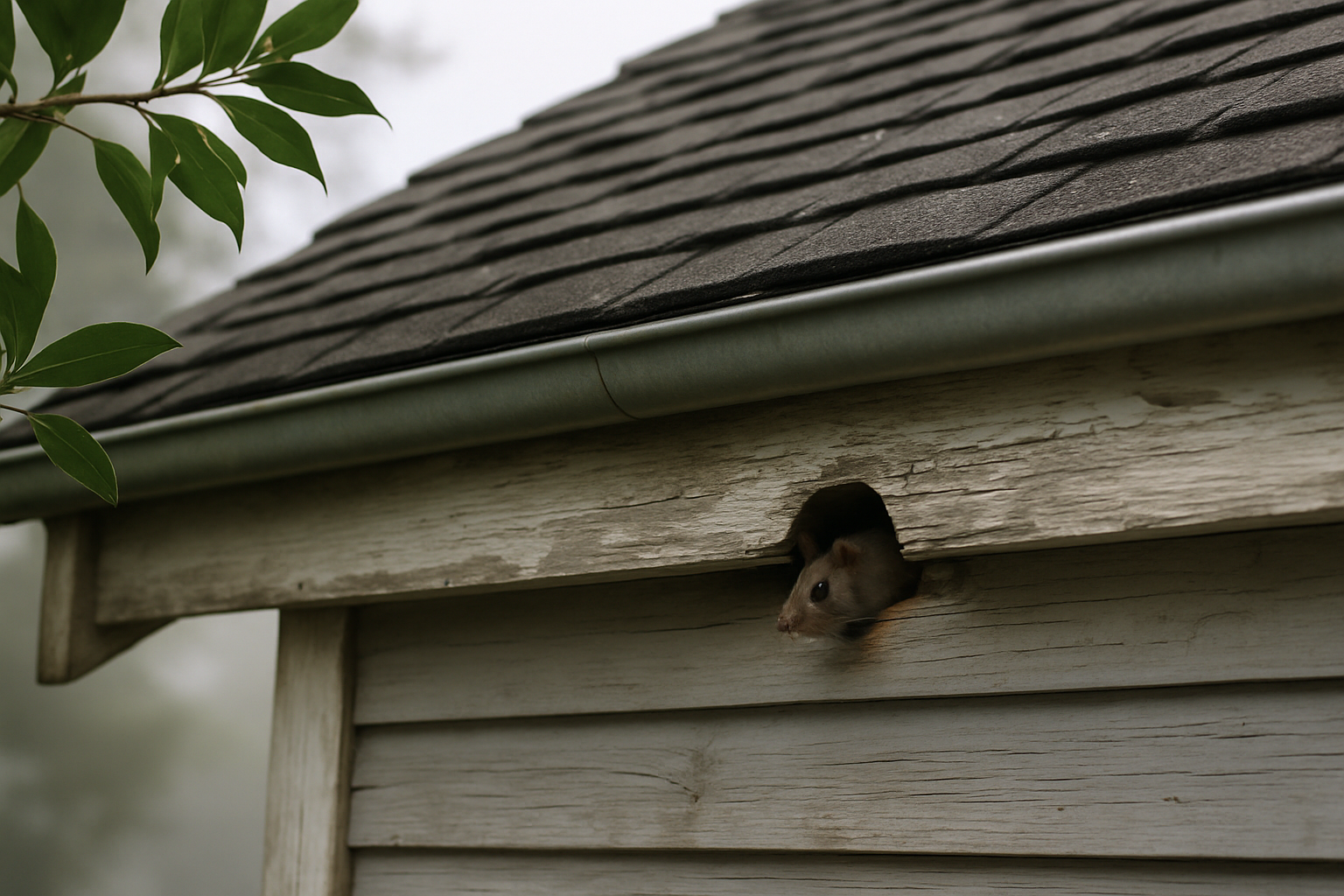 Small gap where a roofline meets weathered fascia on an older Santa Cruz home, with a tree branch overhanging nearby