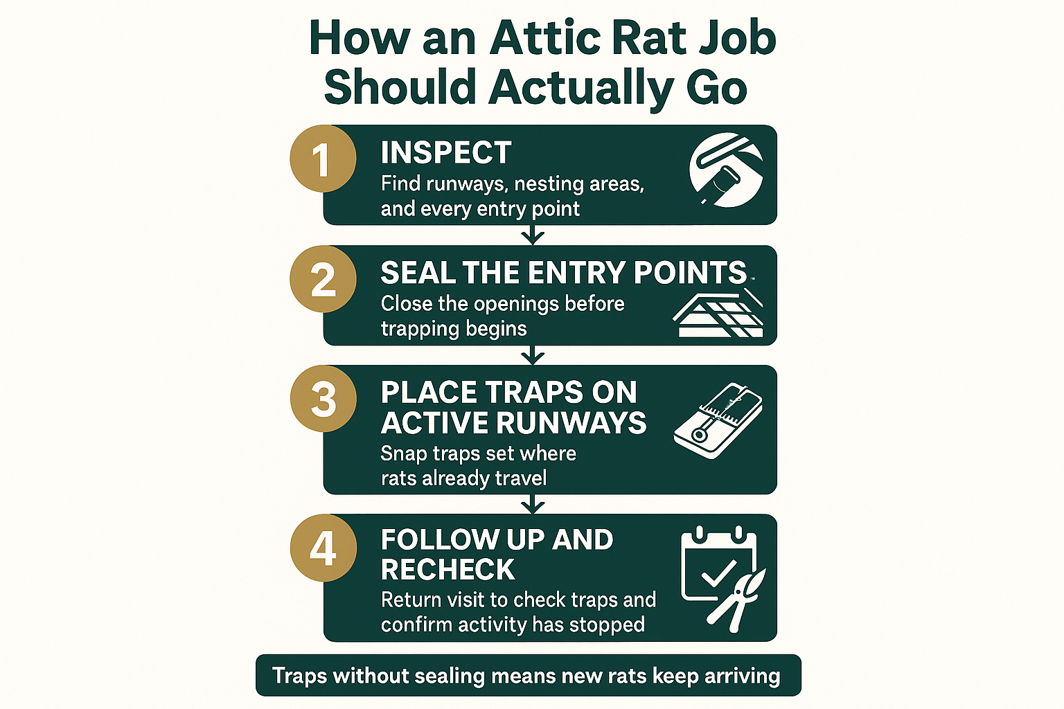 Infographic showing the five steps of an attic rat job: inspect, seal, trap, follow up, and reduce attractants