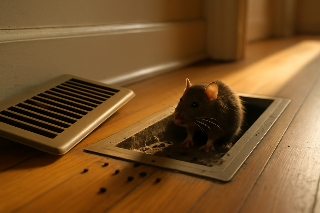 Lifted floor heating vent register showing duct opening with dust and rodent droppings inside an older home