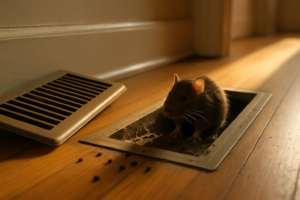 Lifted floor heating vent register showing duct opening with dust and rodent droppings inside an older home
