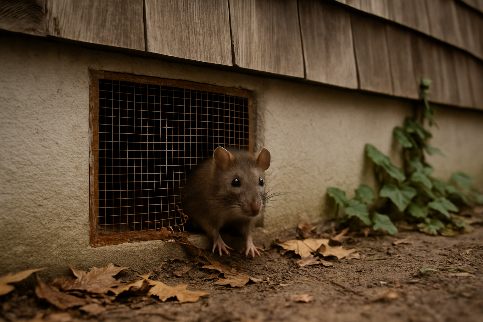 Rusted crawlspace foundation vent screen torn open at the corner on a coastal home exterior
