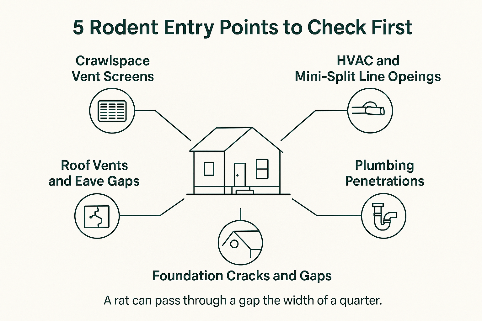 Infographic showing five common rodent entry points on a raised foundation home
