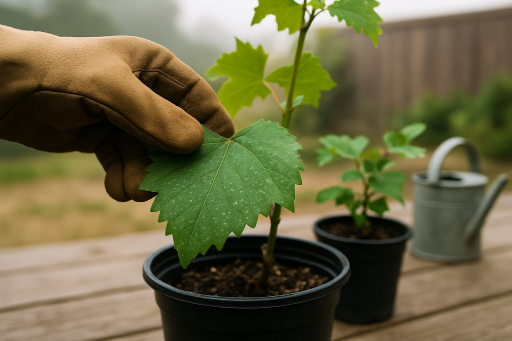 Gloved hand inspecting the underside of a grapevine leaf on a potted plant for glassy-winged sharpshooter signs