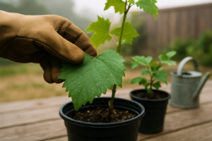 Gloved hand inspecting the underside of a grapevine leaf on a potted plant for glassy-winged sharpshooter signs