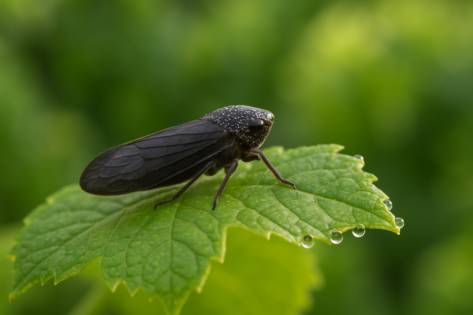 Large dark leafhopper with glassy wings and pale head spots resting on a green grape leaf