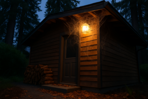 Backyard ADU cottage with heavy spider webbing across the eave and porch light above a stacked wood pile