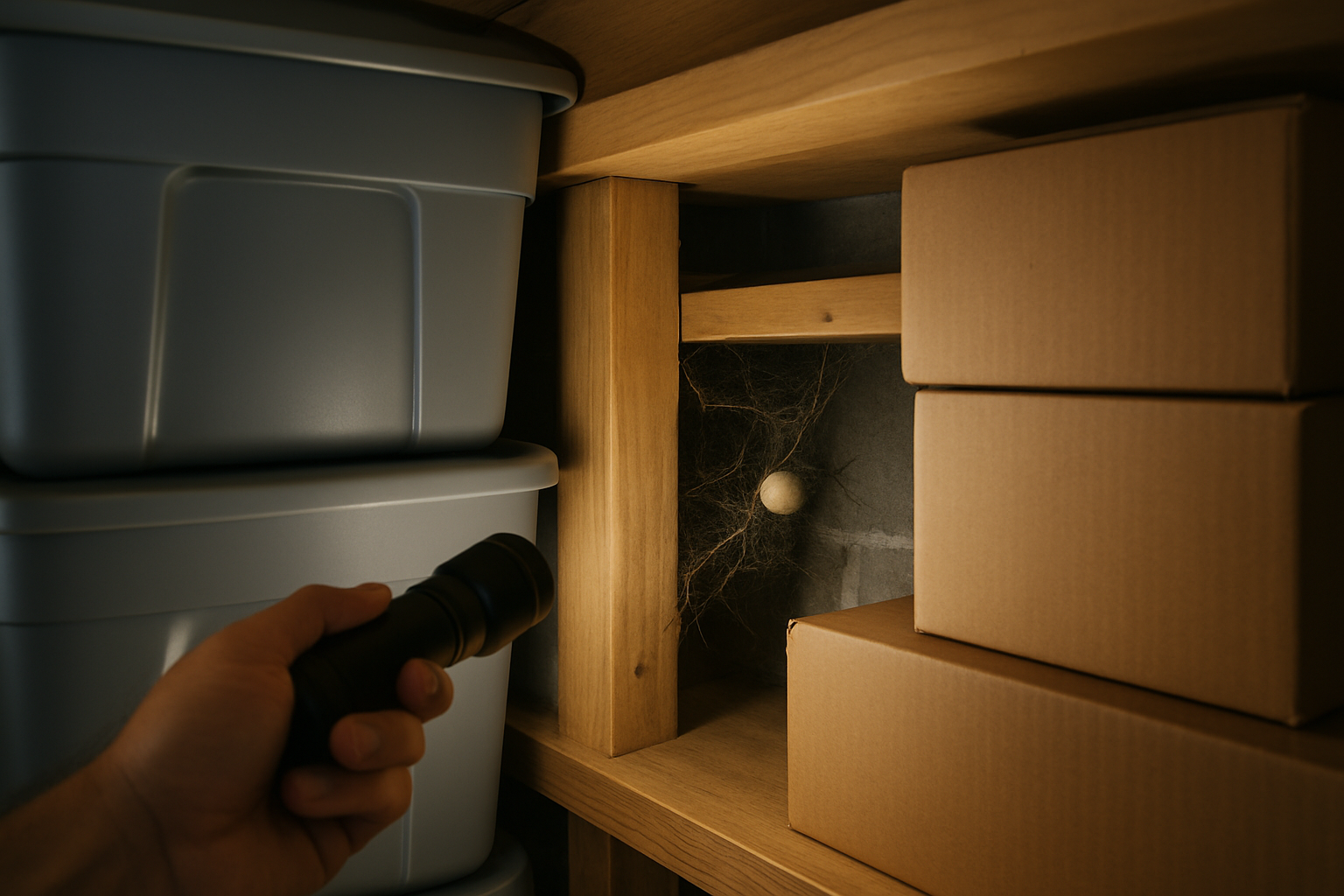 Flashlight revealing a spider web and egg sac behind storage bins in a converted garage studio