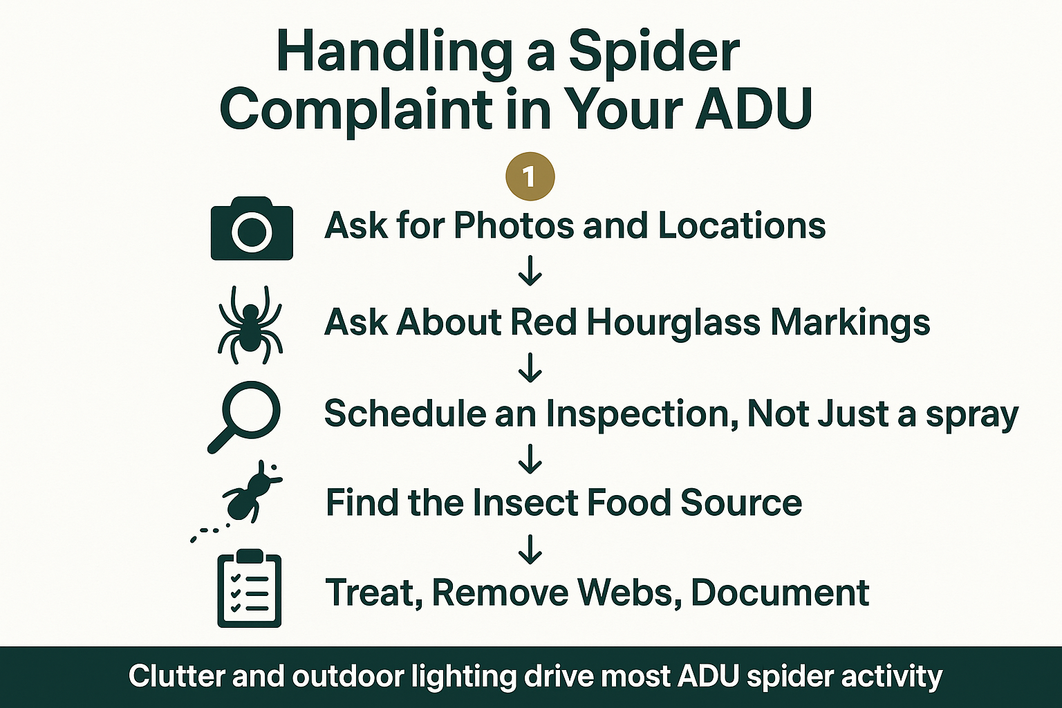 Infographic showing five steps for landlords responding to a spider complaint in an ADU or rental unit