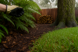Shaded leaf litter and firewood at the edge of a Santa Cruz backyard lawn, prime tick habitat