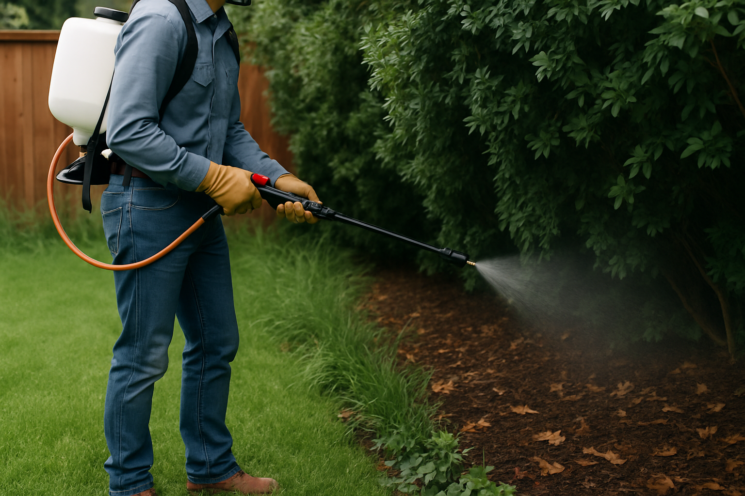 Sprayer wand treating the shaded shrub line where mowed lawn meets tall grass along a fence