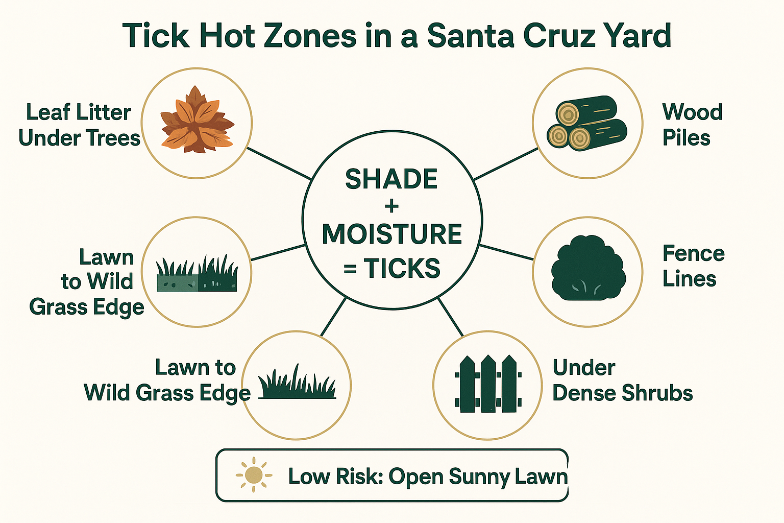 Infographic showing tick hot zones in a yard: leaf litter, wood piles, fence lines, shrubs and lawn edges