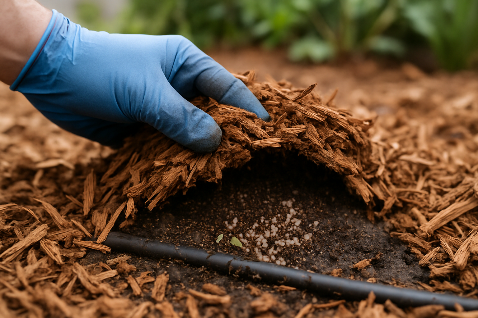 Hand lifting wood mulch to reveal ants swarming over brood beside a damp drip line