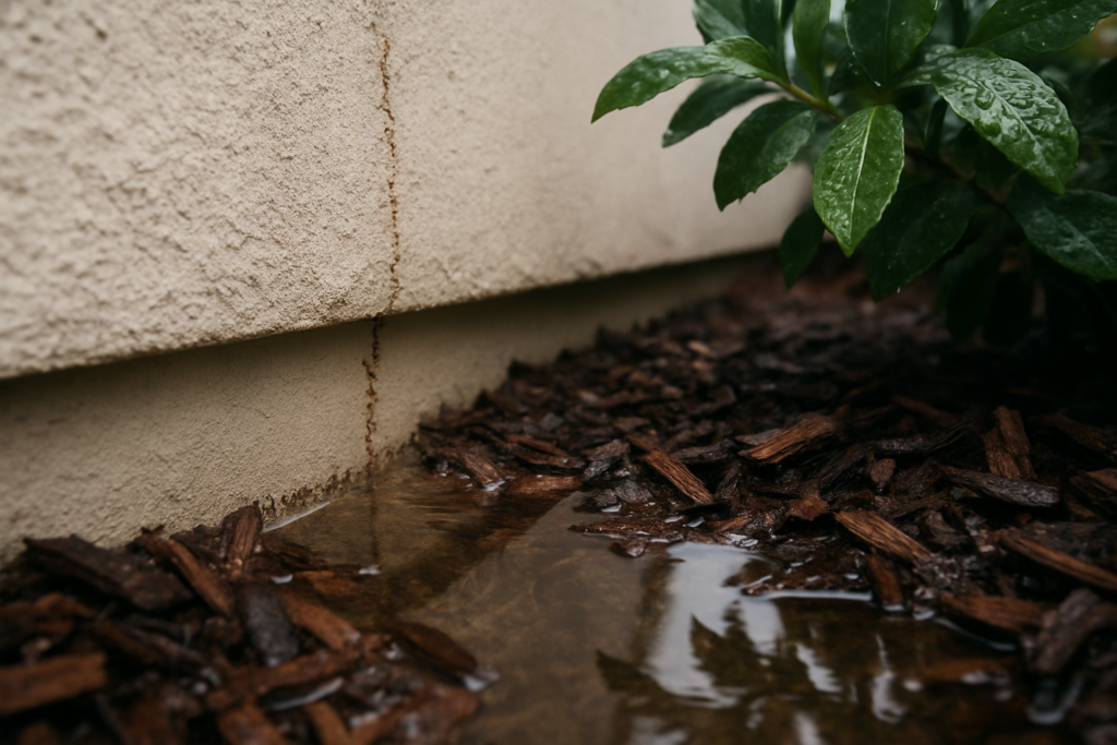 Tiny ants trailing up a wet house foundation beside soaked bark mulch after the first fall rain
