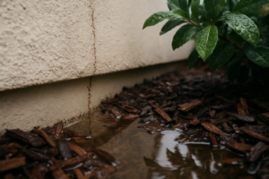 Tiny ants trailing up a wet house foundation beside soaked bark mulch after the first fall rain