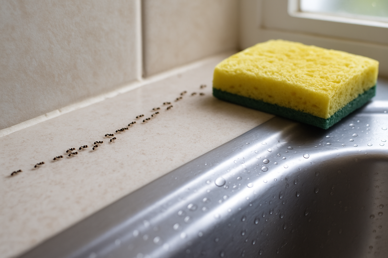 Single file line of small brown ants emerging from a backsplash gap onto a kitchen counter near the sink