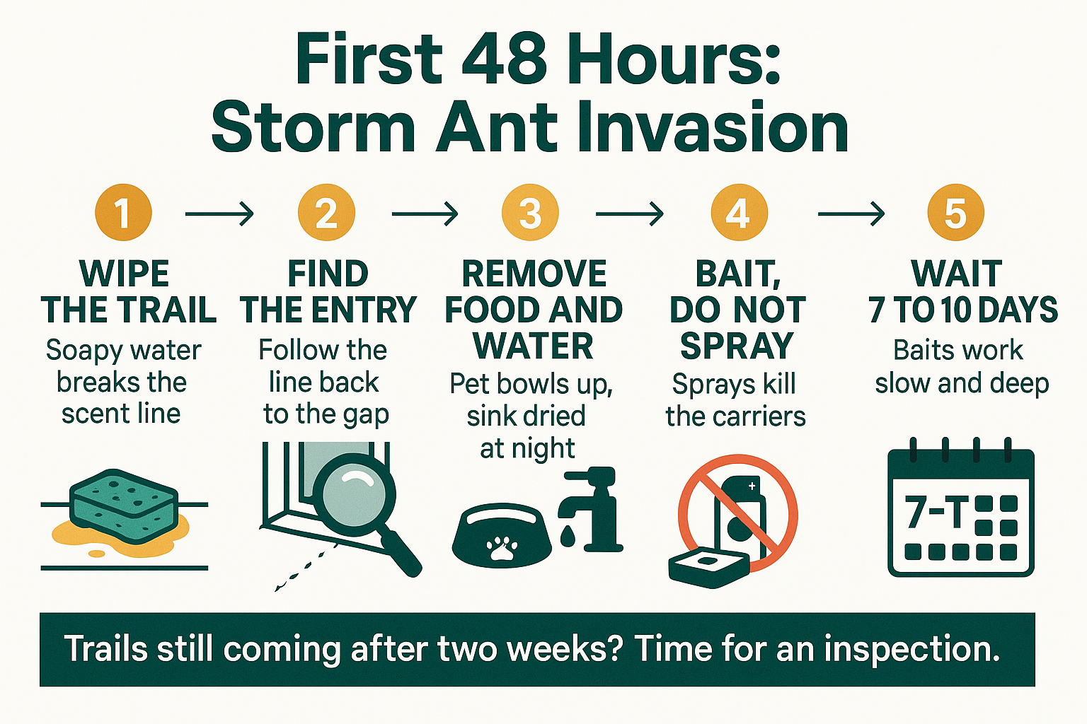 Infographic showing five steps to take in the first 48 hours after ants come inside following rain