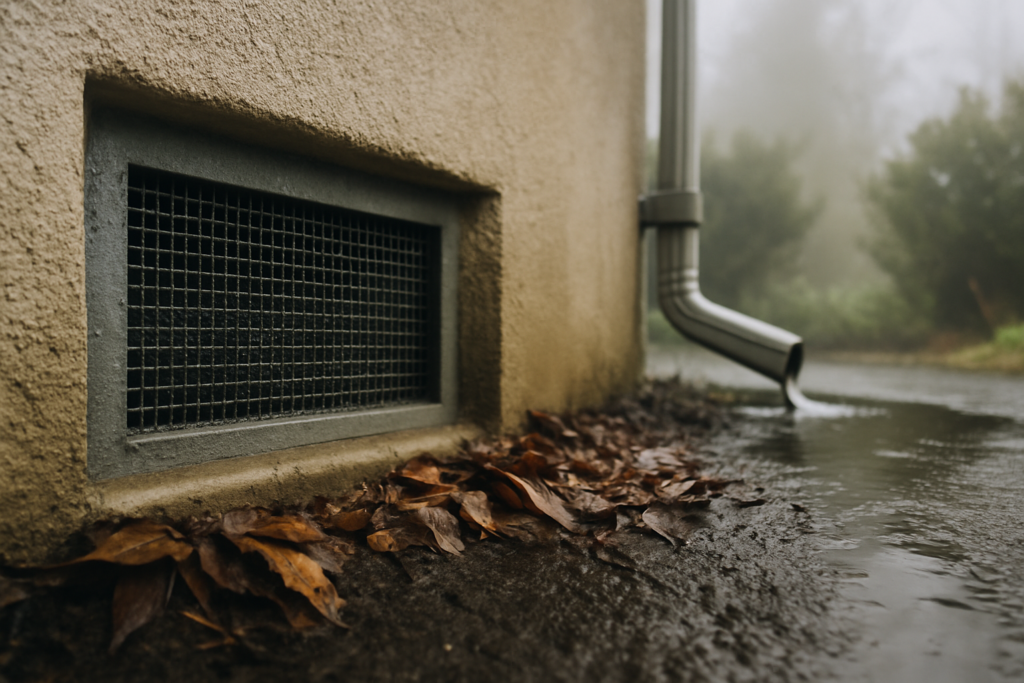 Damp crawlspace vent and wet soil at a coastal home foundation where cockroaches stay active in winter