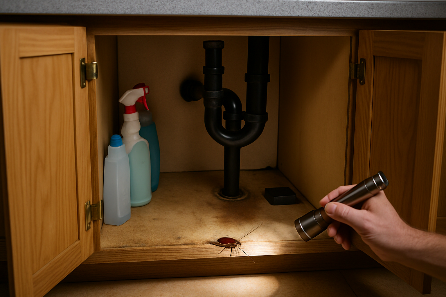Flashlight inspection under a kitchen sink showing a damp cabinet floor, pipe gap and a bait station