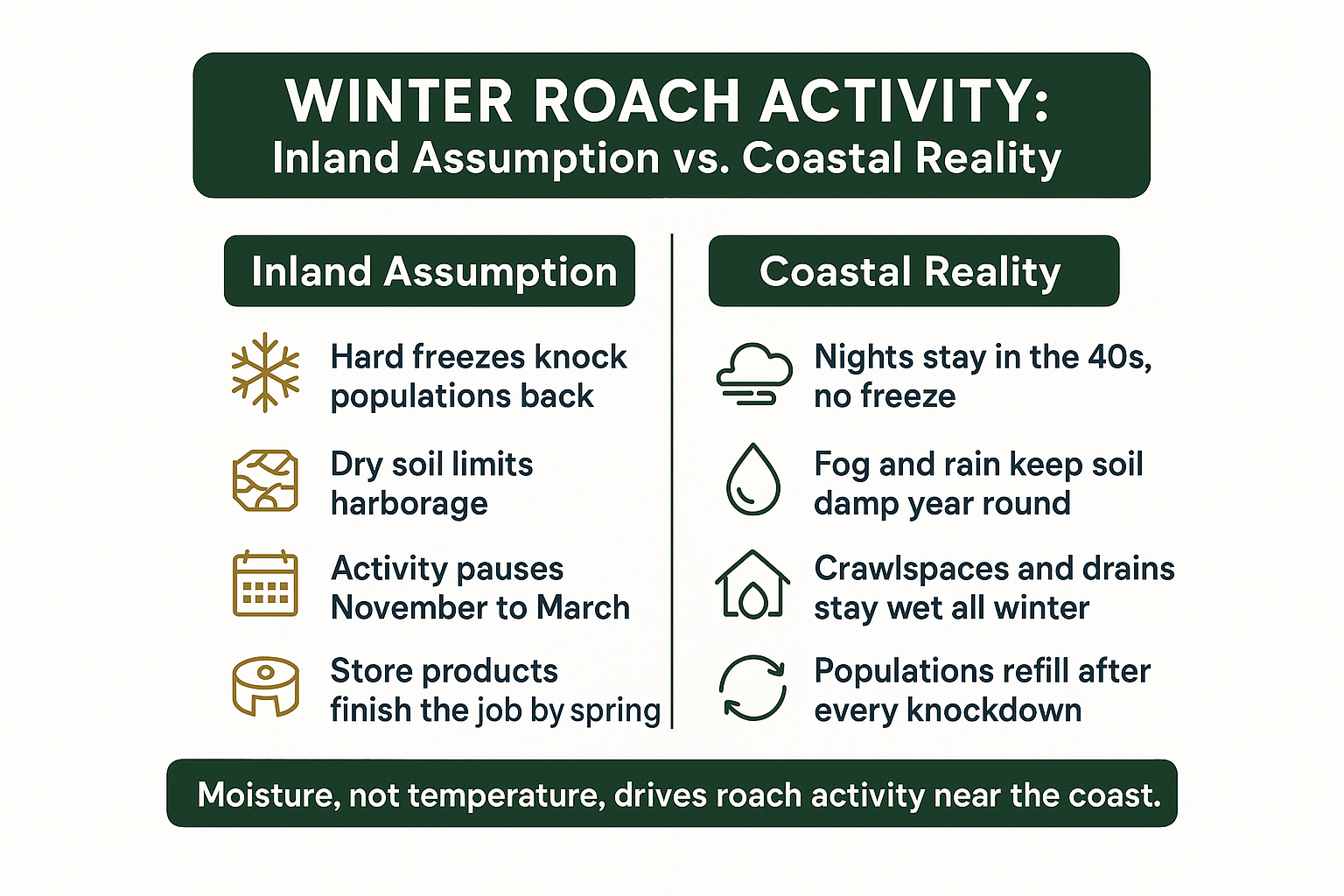 Infographic comparing inland winter assumptions about cockroach activity with coastal winter reality