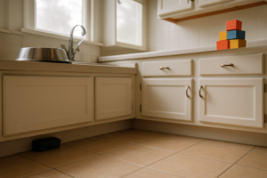 Dog bowl and kids' toys lifted onto a counter with a clear kitchen floor before a pest treatment