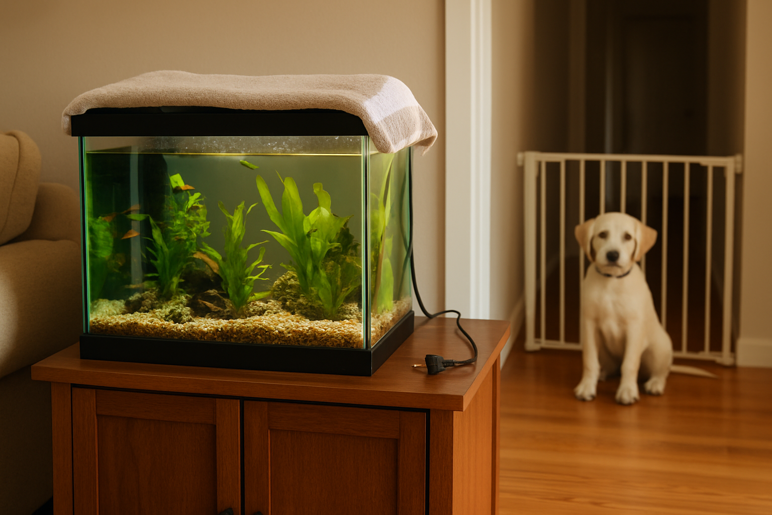Covered aquarium with the pump unplugged and a puppy behind a baby gate during a home pest treatment