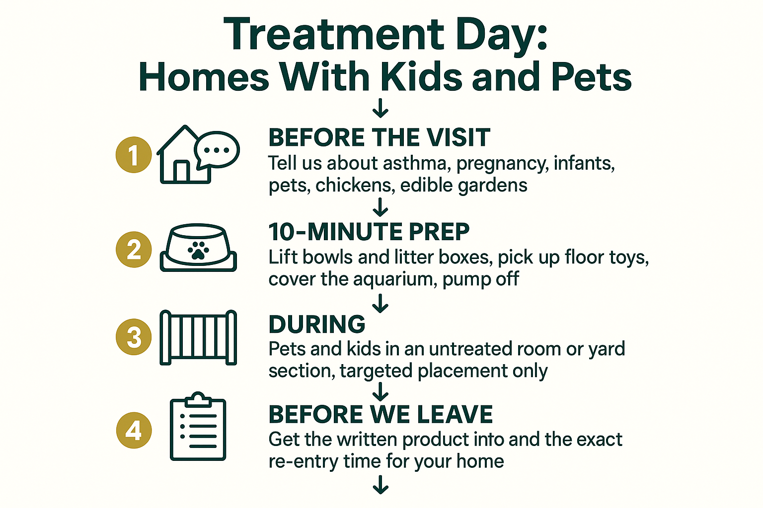 Infographic showing a five-step treatment day timeline for homes with kids and pets