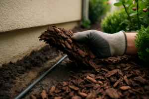Hand lifting bark mulch near a stucco foundation revealing ants in mulch after landscaping along a drip line