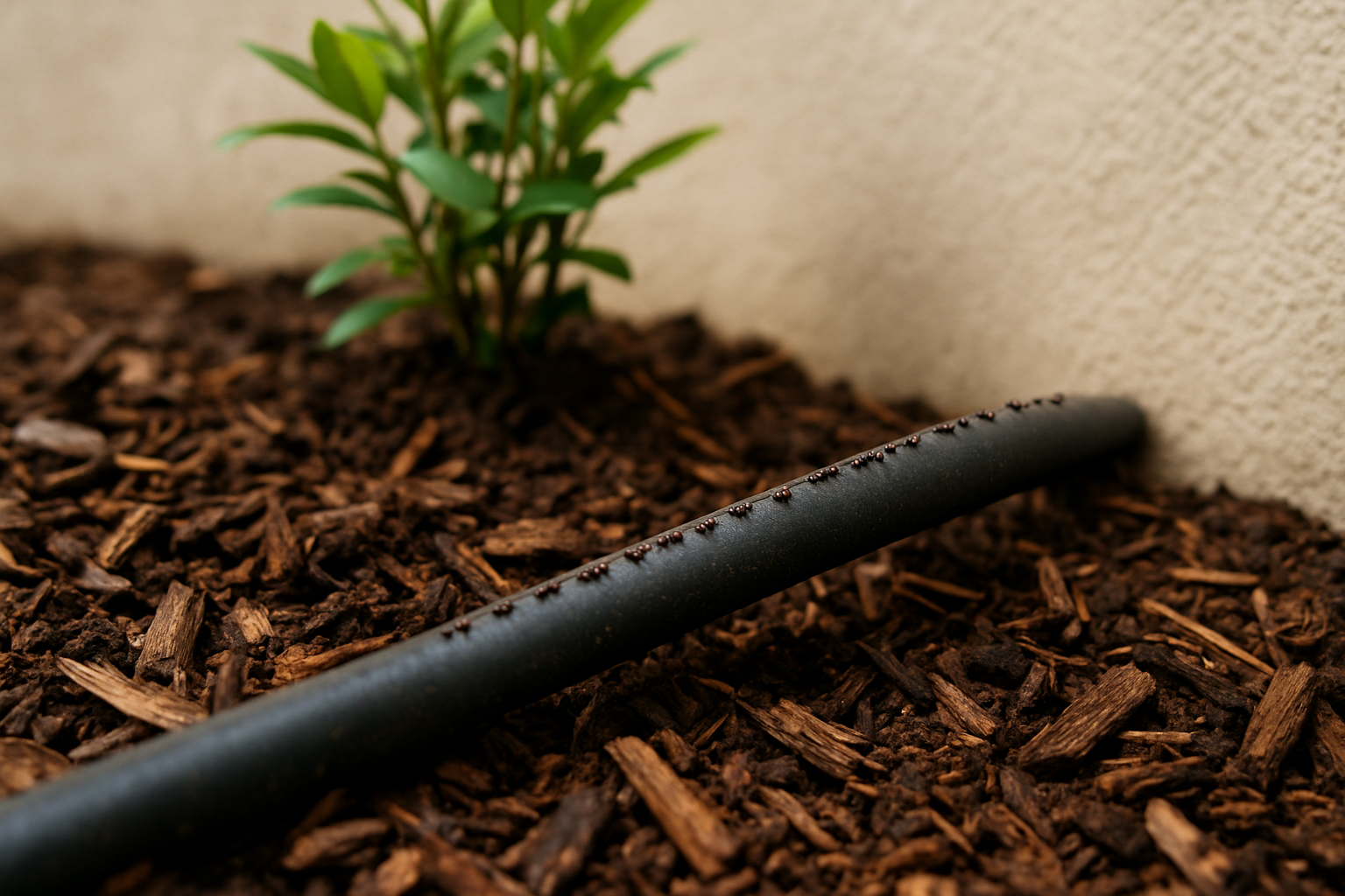 Small ants walking along a drip irrigation line under bark mulch toward a stucco foundation wall