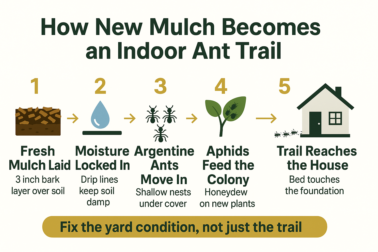 Infographic showing five steps from new mulch and drip irrigation to ants trailing indoors