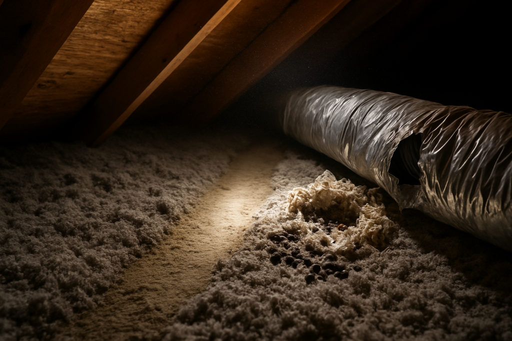 Flashlight on flattened attic insulation with a rat runway and a chewed flex duct beside it