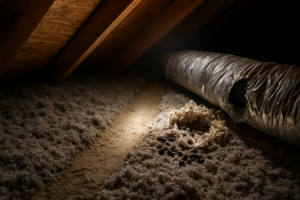 Flashlight on flattened attic insulation with a rat runway and a chewed flex duct beside it