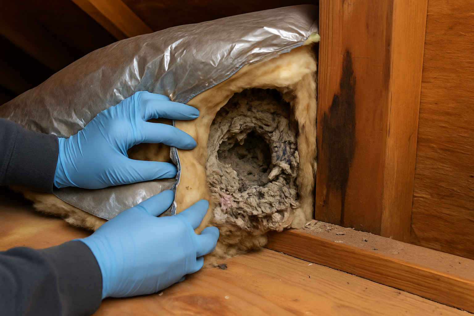 Gloved hands lifting torn batt insulation to show a rodent nesting pocket against an attic wall plate