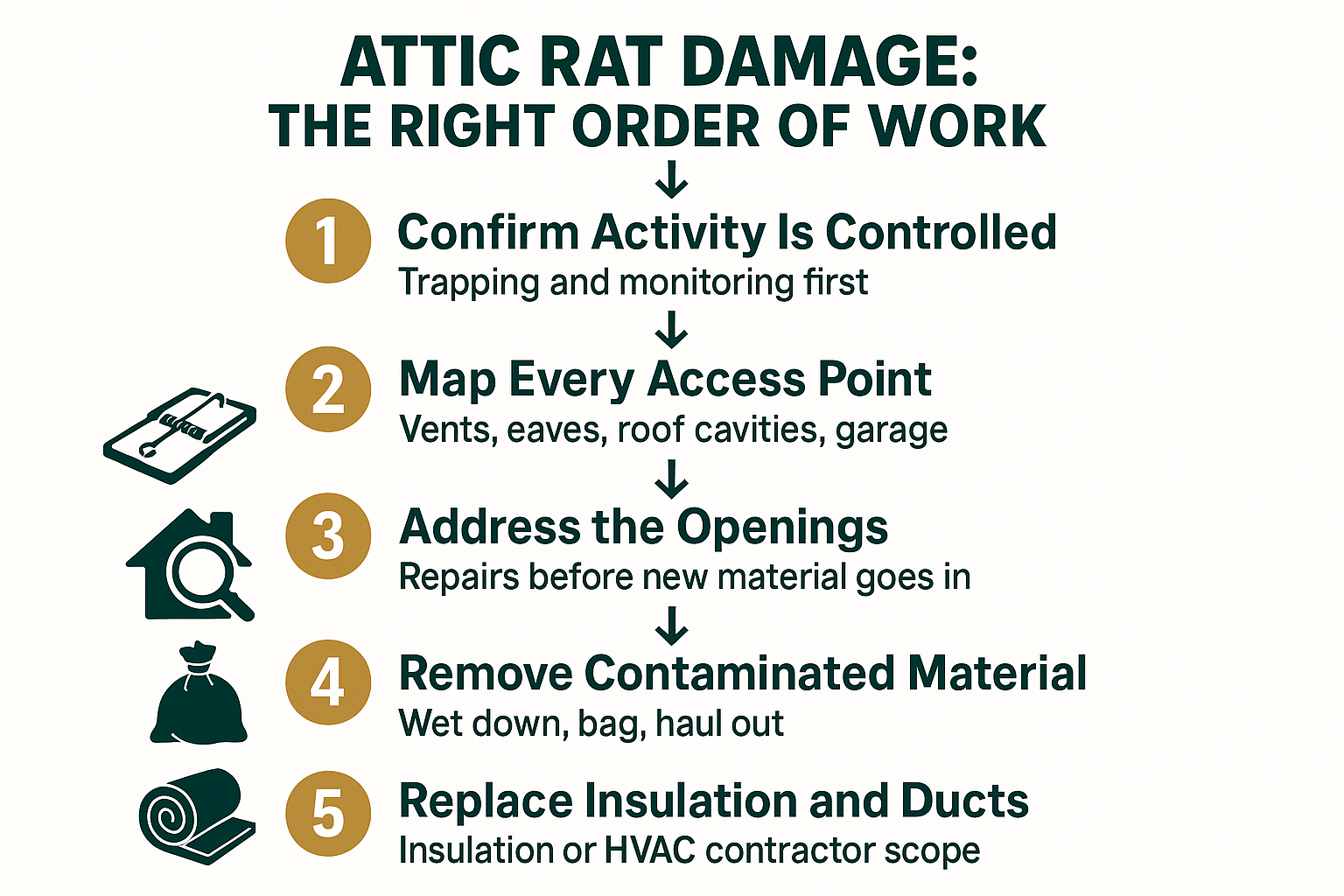 Infographic showing the five-step order for handling rat damage to attic insulation and ducts