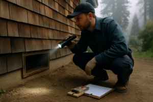 Pest technician shining a flashlight into a low crawlspace vent while inspecting a home for rat activity
