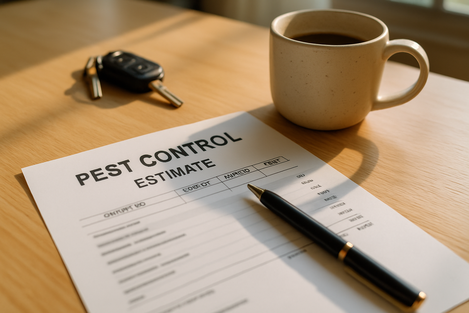 Printed estimate on a kitchen table with a pen and coffee mug beside it