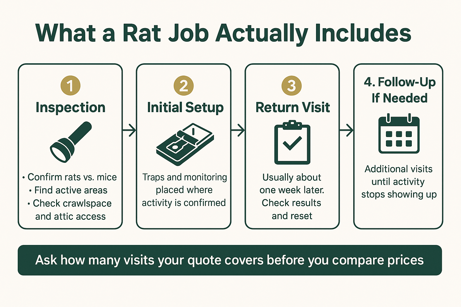 Infographic showing the four visit stages of a typical rat removal job from inspection to follow-up