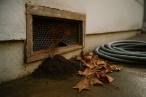 Rusted foundation vent screen with fresh soil pushed out at the base of a raised foundation house
