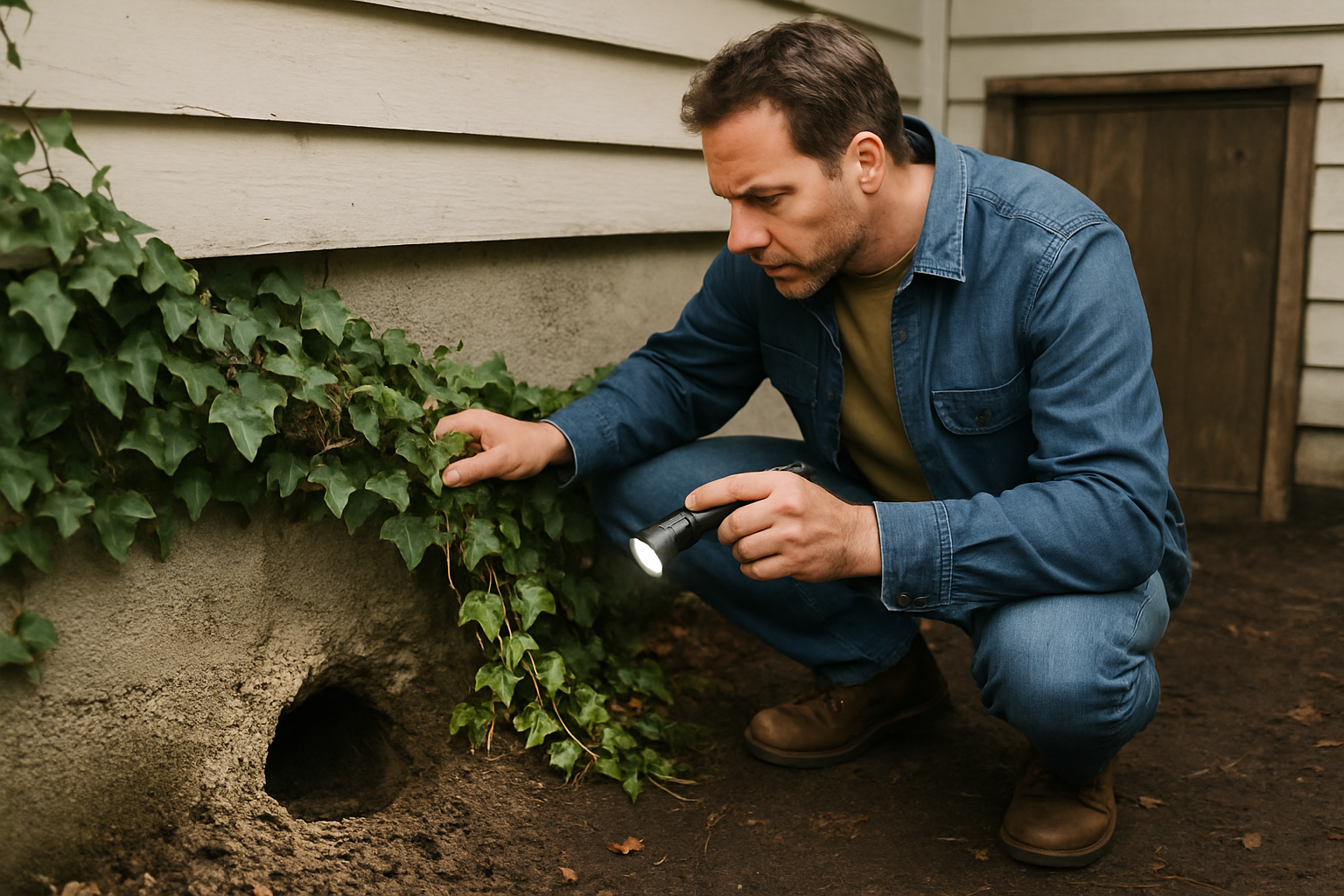 Homeowner shining a flashlight into a rat burrow opening at the base of a foundation wall