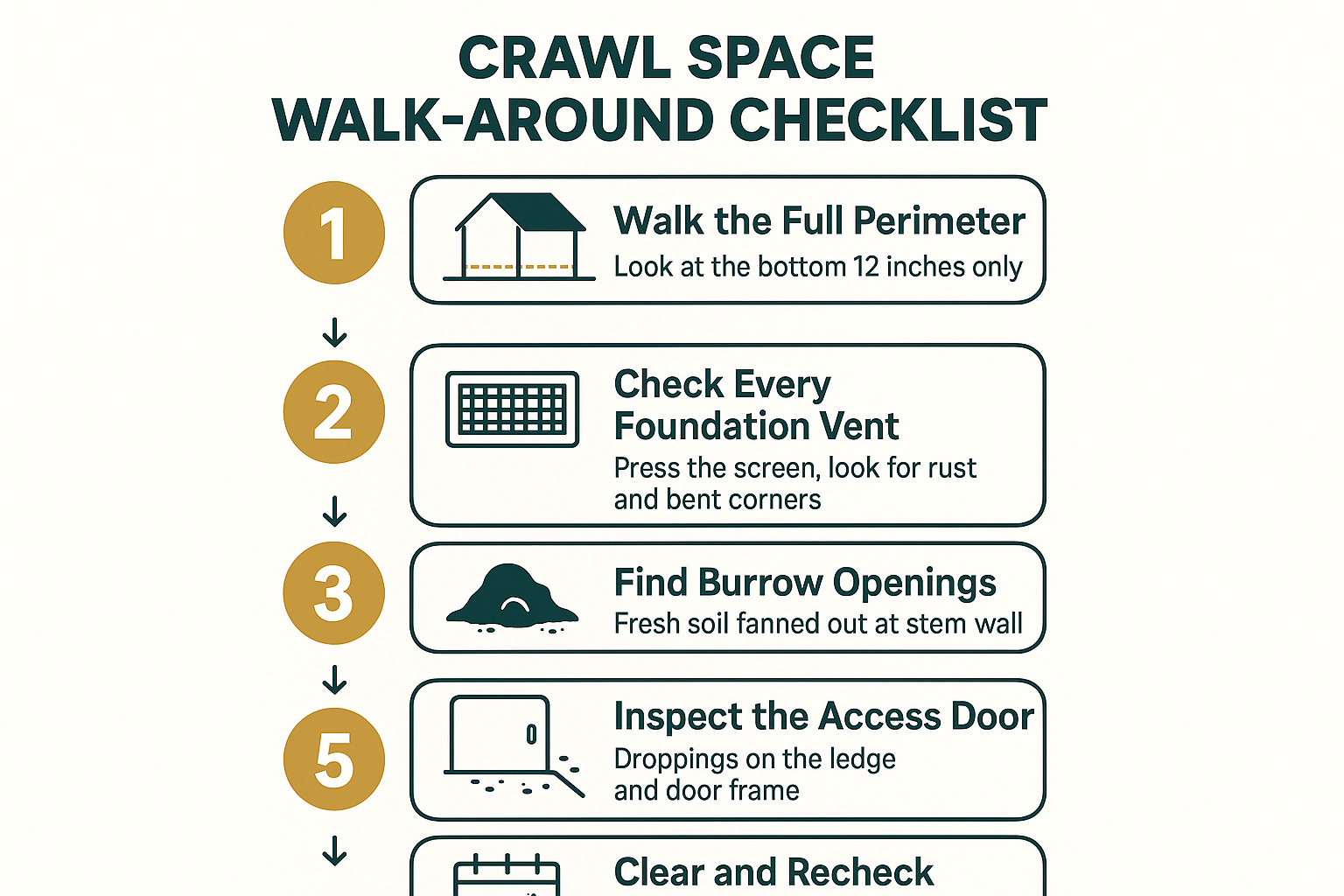 Infographic showing a five step checklist for inspecting a foundation line for rat activity