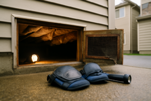 Open crawl space hatch under a townhouse showing floor joists, sagging insulation, and a torn foundation vent screen
