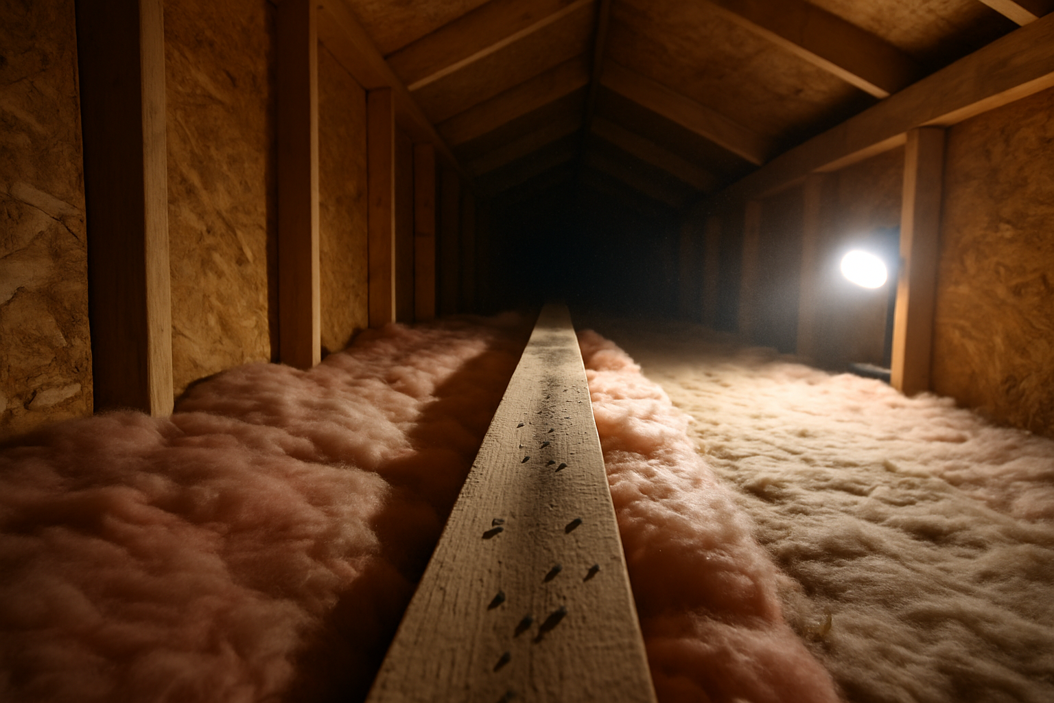 Attic above a townhouse demising wall showing a flattened insulation path, rub marks on a joist, and rodent droppings