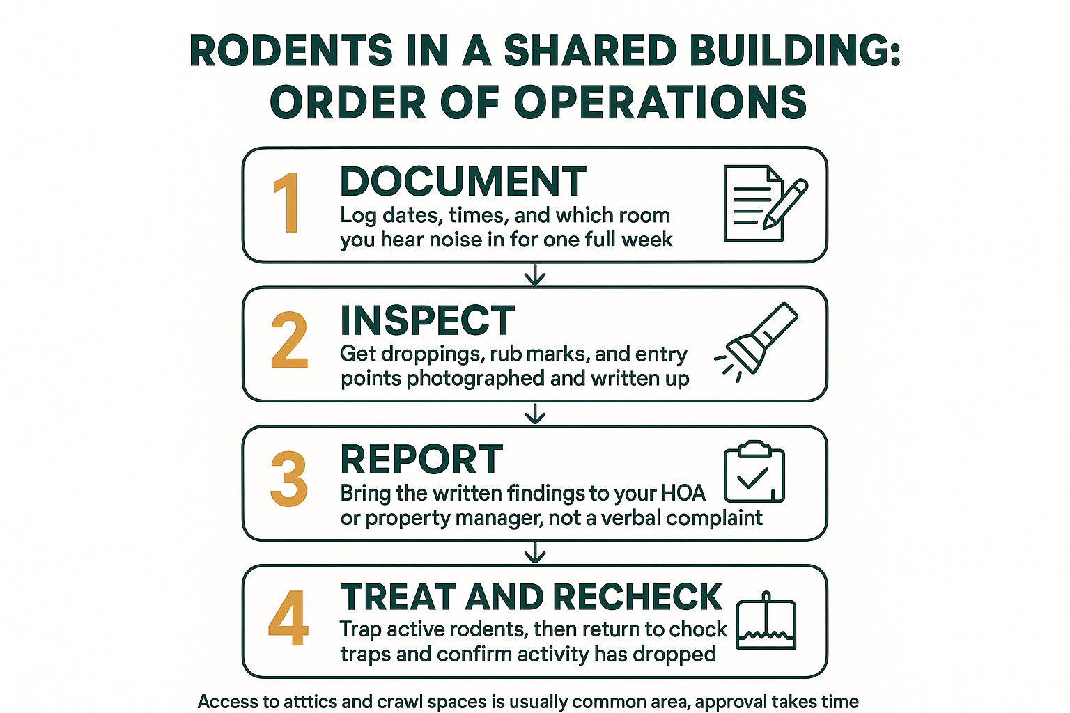 Infographic showing the four step order of operations for handling rodents in a condo or townhouse building