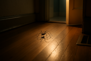 House spider crossing a hardwood hallway floor at night in an older Santa Cruz home during fall spider season