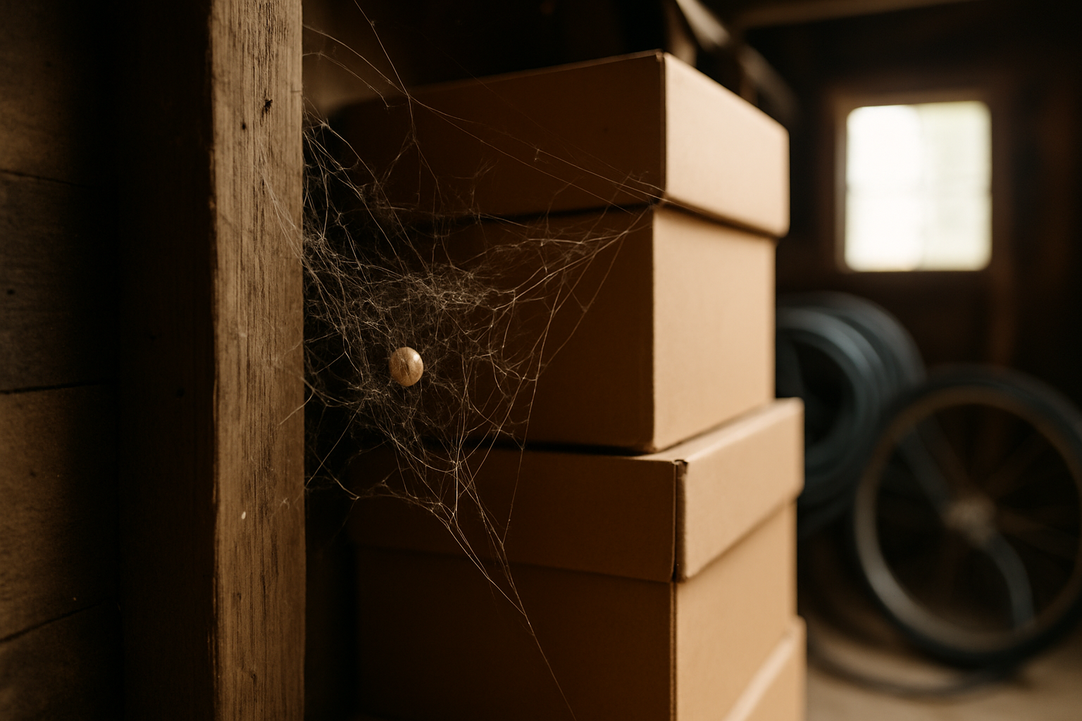 Tangled cobweb with an egg sac in the corner of a garage, a sign of an established resident spider