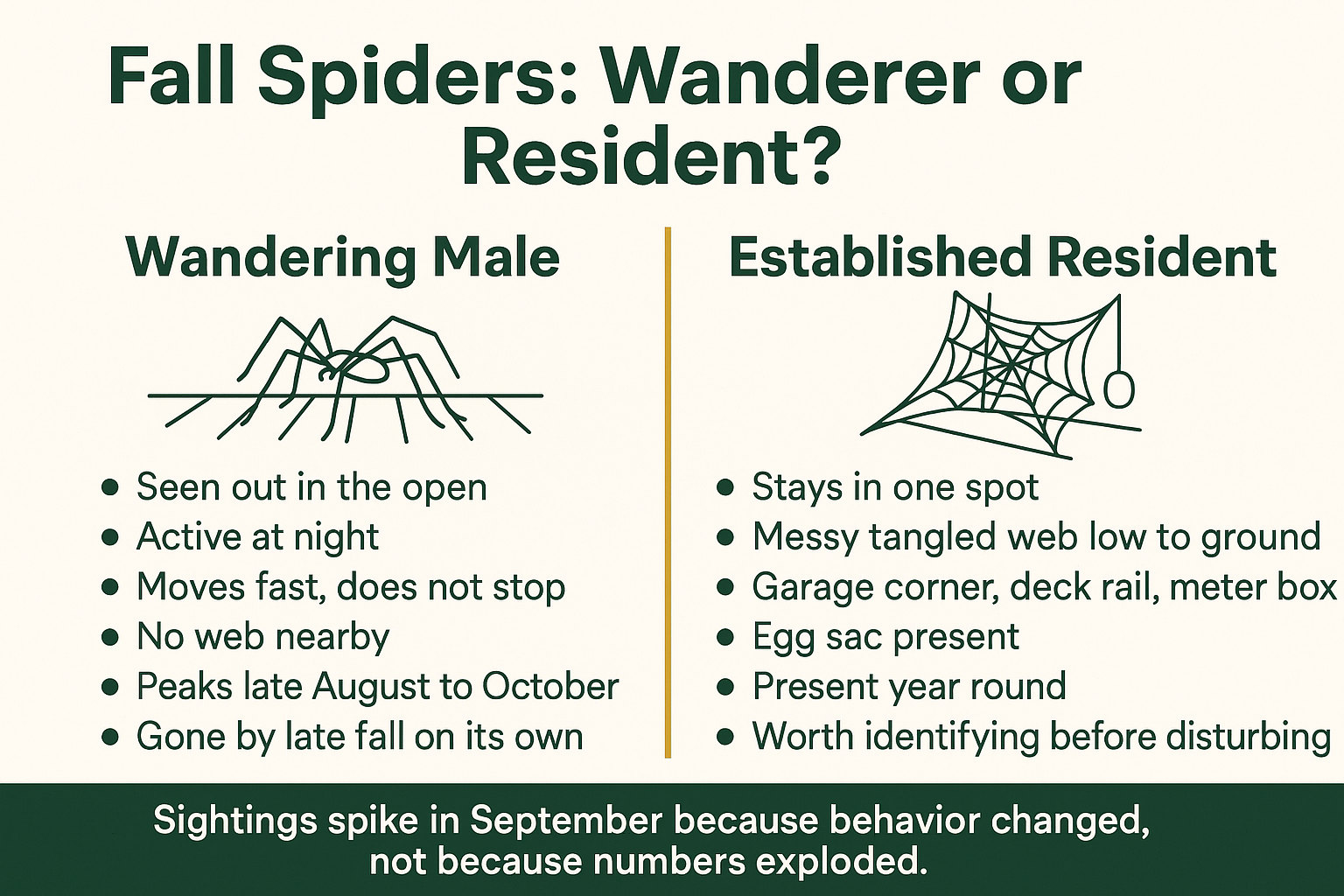 Infographic comparing wandering male spiders and established resident spiders during fall in Santa Cruz homes