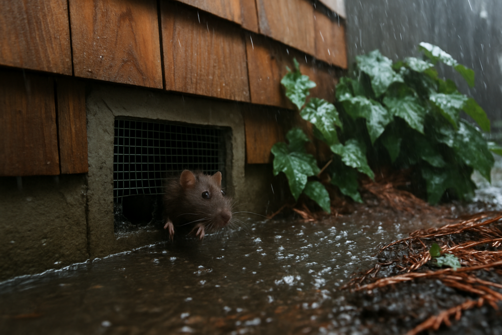 Rain pouring past a damaged crawl space vent on a coastal home foundation, a common rat entry point after storms