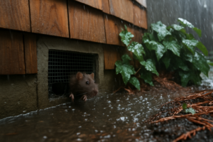 Rain pouring past a damaged crawl space vent on a coastal home foundation, a common rat entry point after storms